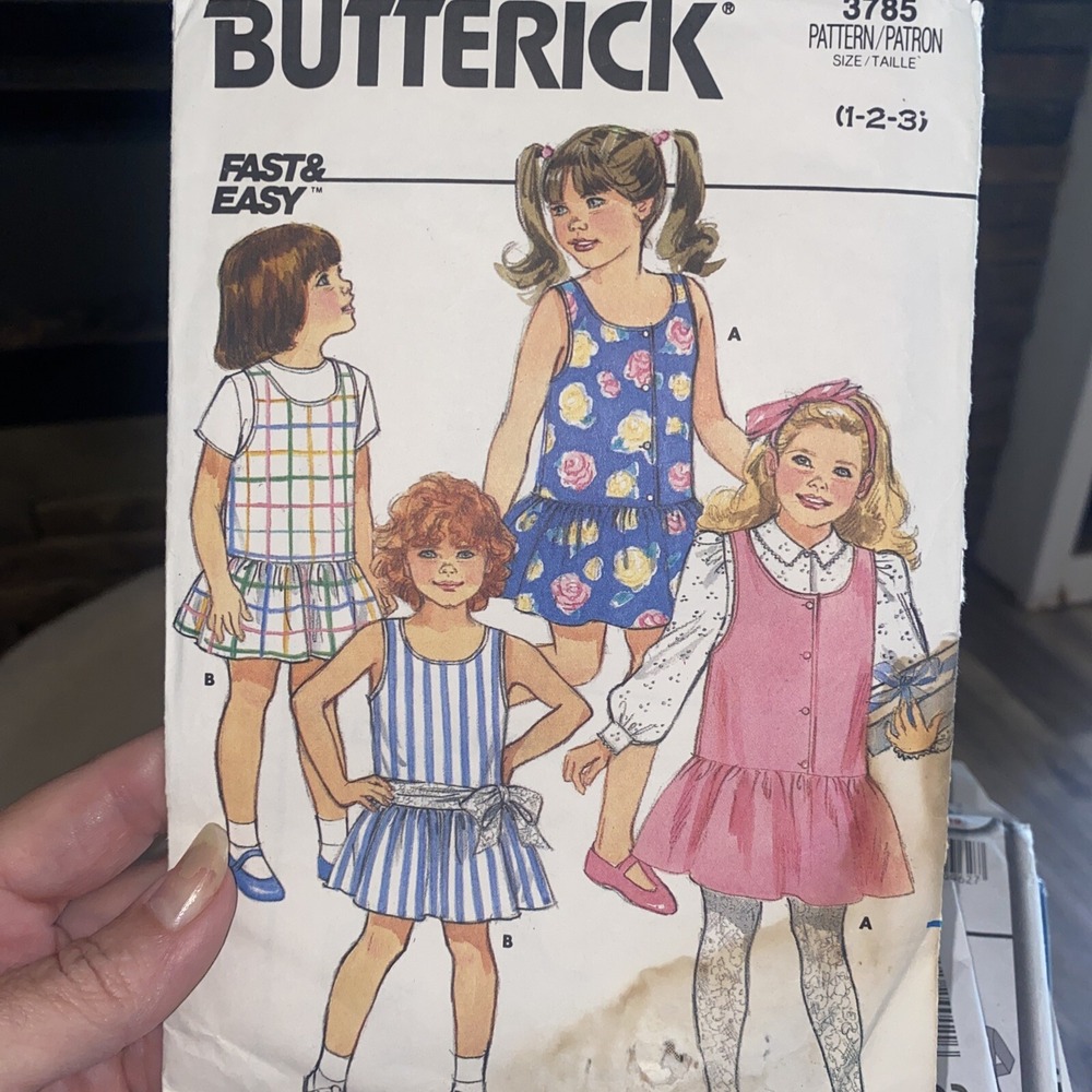 Vintage 1986 Butterick 3785 Girls Dress Jumper Sewing Pattern Size 1-2-3 Cut